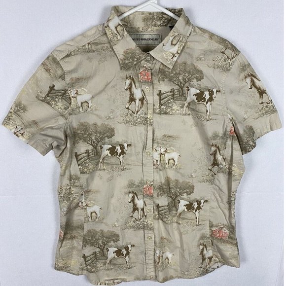 Bit & Bridle Men's Button Down Short Sleeve Shirt Beige with Horses Size Large - Picture 1 of 8
